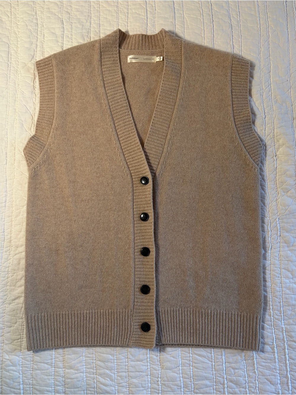 InWear Copenhagen 100% Wool Knit Button Up V-Neck Sweater Vest Beige S
